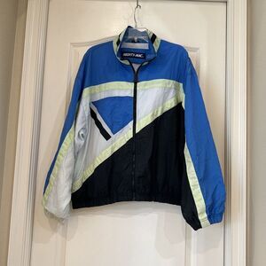 VTG 90 Mighty Mac Blue White Black Nylon Track Windbreaker Men L Jacket Coat‎